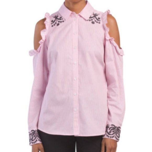 Nanette Lepore Tops - NANETTE LEPORE Cold Shouder Ruffle Button Down NWT